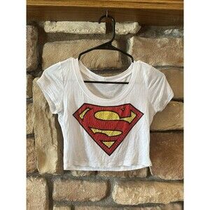 Y2K Supergirl Rhinestone T Shirt Thin Cotton Stretchy 00s Bling Cropped Tee S/M